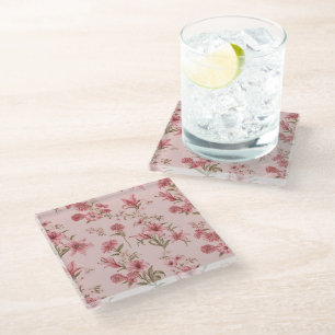Roze Vintage Lelies Bloemige Cottagecore Glazen Onderzetter