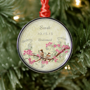 Roze Vintage Liefdesvogels Bruidsmeisje van Eer Tr Metalen Ornament
