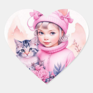 Roze Vintage Meisje en Grijze Kitten Kerstmis Hart Sticker