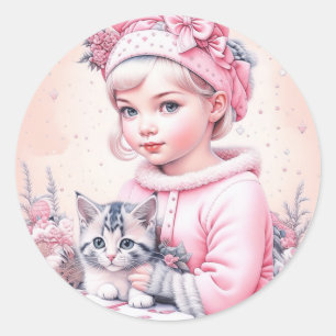Roze Vintage Meisje en Kitten Kerstmis Ronde Sticker