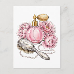 Roze vintage parfumfles & parels briefkaart