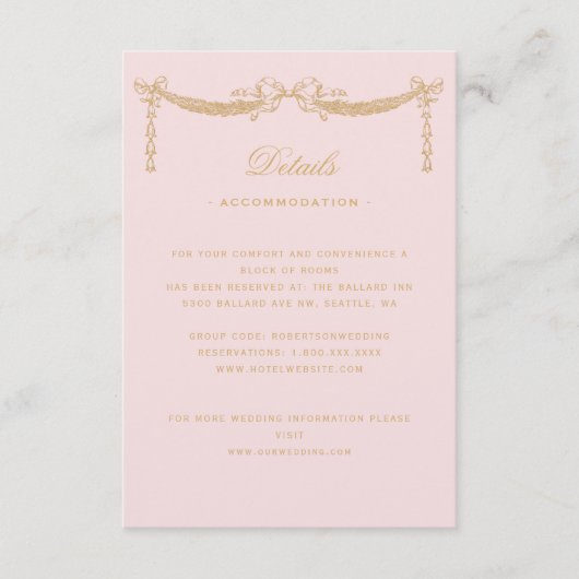 Roze Vintage Paris Bow Swag Glam Details Informatiekaartje (Voorkant)