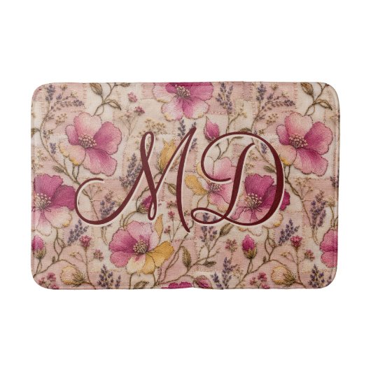 Roze Vintage Patchwork Bloemmotief Badmat (Voorkant)