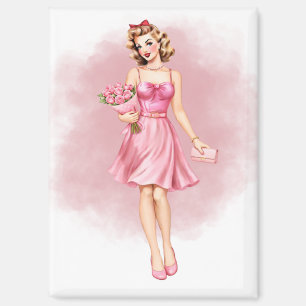 Roze Vintage Pin-Up Meisje met Rozen Magneet