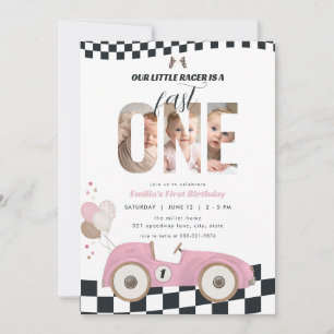 Roze Vintage Raceauto Uitnodiging Eerste Verjaarda