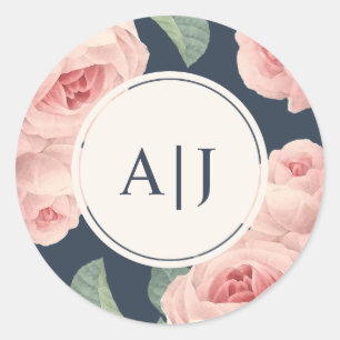 Roze Vintage Roos Bloemendonkere Blauwe Monogram Ronde Sticker