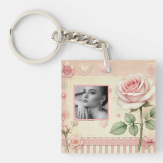 Roze vintage roos harten bloem foto waterverf sleutelhanger