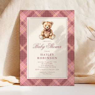 Roze Vintage Schotse Ruit Teddybeer Baby Borrel Kaart