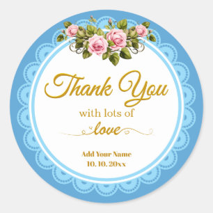 Roze Vintage Shabby Chic Rozen & Blauwe Dankjewel Ronde Sticker