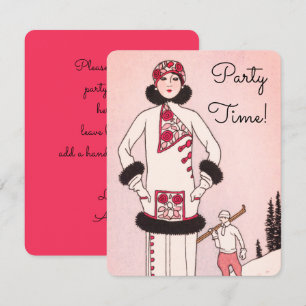 Roze vintage sneeuwsfeer ski-feest uitnodiging