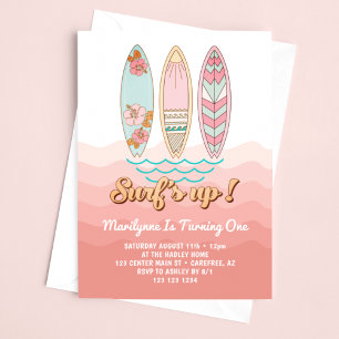 Roze Vintage Surfs Up 1e Verjaardag Kaart