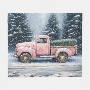 Roze Vintage Truck met Kerstboom Fleece Deken