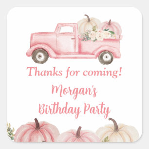 Roze Vintage Truck Pompoen Verjaardagsfeest Favor Vierkante Sticker