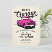 Roze Vintage Truck Verjaardagsuitnodiging Kaart (Staand voorkant)