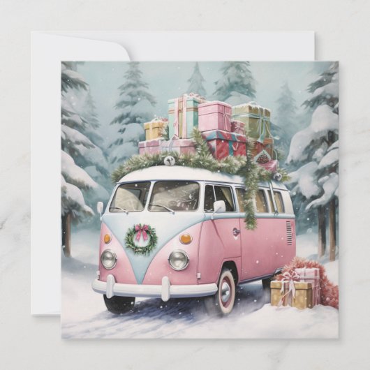 Roze Vintage Vanagon Ornament Feestdagenkaart (Voorkant)