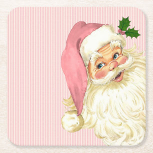 Roze Vintage Victoriaanse Kerstman Streep Vierkante Kartonnen Onderzetter