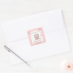 Roze Vintage Waterverf Paard Draaimolen Baby Showe Vierkante Sticker