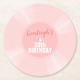 Roze Vinyl Record Muziek Gepersonaliseerde Verjaar Ronde Kartonnen Onderzetter