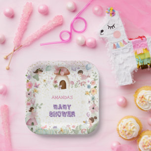 Roze Violet Fairy Baby Meisje Douche Bloemenbos Papieren Bordje