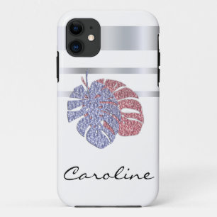 Roze violet glitter-scheenbeen monstera tropische  iPhone 11 hoesje