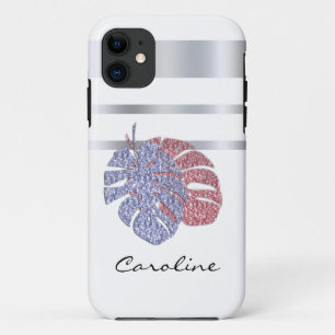 Roze violet glitter-scheenbeen monstera tropische  iPhone 11 hoesje