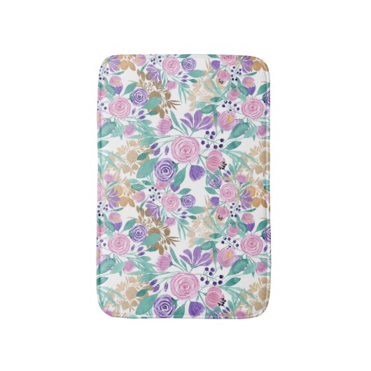 Roze Violet Paars Gold Waterverf bloemen bladeren Badmat (Voorkant Verticaal)