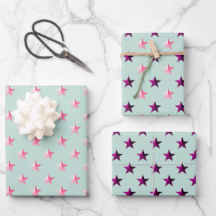 Roze Violet Paarse Sterren Sage Green Inpakpapier Vel