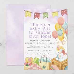 Roze/Violet Unicorn-ballonfeest MeisjesBaby shower Kaart