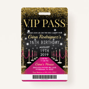 Roze VIP Pass Hollywood Red Carpet Birthday Badge