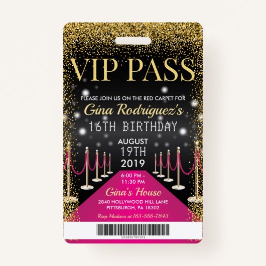 Roze VIP Pass Hollywood Red Carpet Birthday Badge (Voorkant)