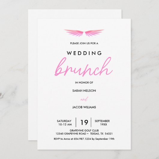 Roze Vleugels, Witte Post Bruiloftsbrunch Save The Date (Voorkant / Achterkant)