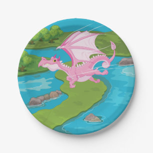 Roze Vliegende Draak Boven Rivier Papieren Bordje