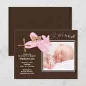 Roze vliegtuig Baby Girl Birth Annoucement Kaart (Voorkant / Achterkant)