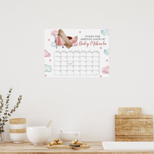 Roze Vliegtuig Baby Shower Raad Baby Verwachte Dat Poster (Keuken)