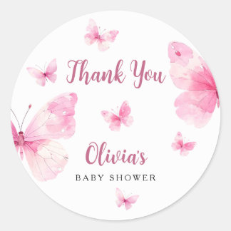 Roze Vlinder Baby Shower Bedankt Ronde Sticker
