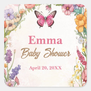 Roze Vlinder Baby shower Bloemen Tuin Vierkante Sticker
