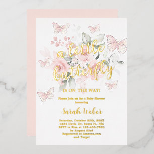 Roze vlinder Baby shower - Echte Folie Uitnodiging