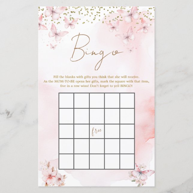 Roze Vlinder Baby shower Meisje Bingo Game (Voorkant)