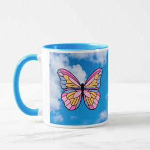 Roze vlinder blauw handvat mok