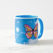 Roze vlinder blauw handvat mok (Voorkant rechts)