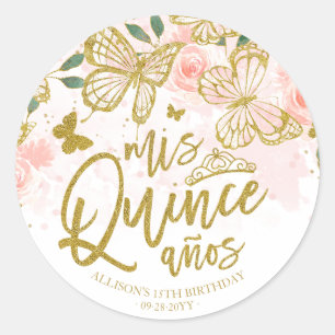 Roze Vlinder Bloemige Quinceanera Feest Ronde Sticker