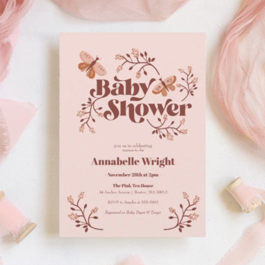 Roze Vlinder Boho Baby Shower Kaart