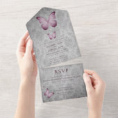 Roze vlinder Damask bruiloft All In One Uitnodiging (Afscheurbaar)