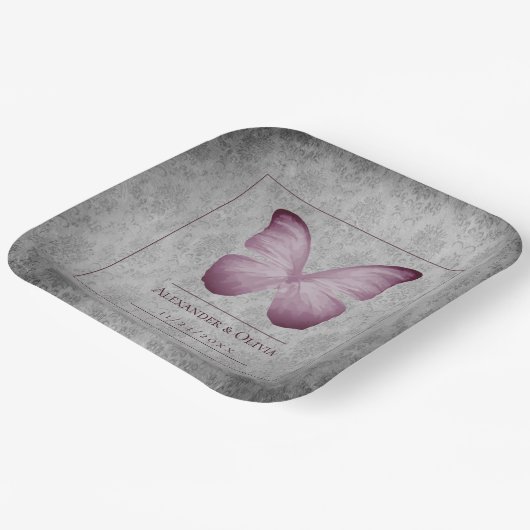 Roze vlinder Damask bruiloft Papieren Bordje (Gebogen)