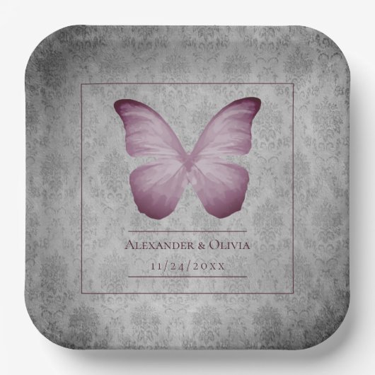 Roze vlinder Damask bruiloft Papieren Bordje (Voorkant)