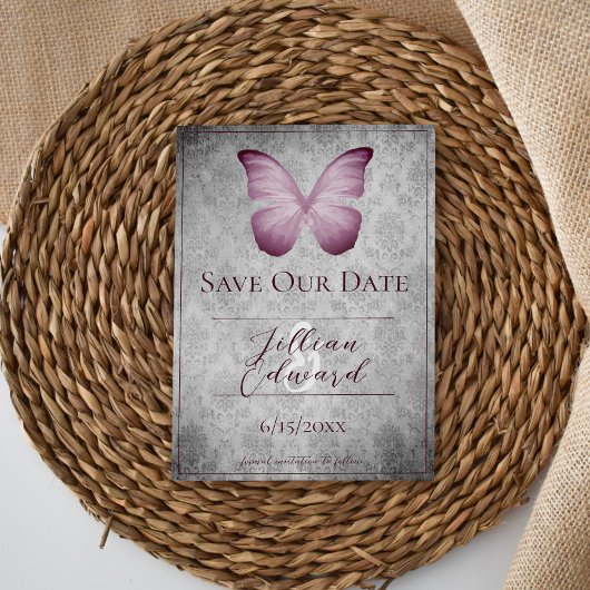 Roze Vlinder Damask Save the Date Aankondiging