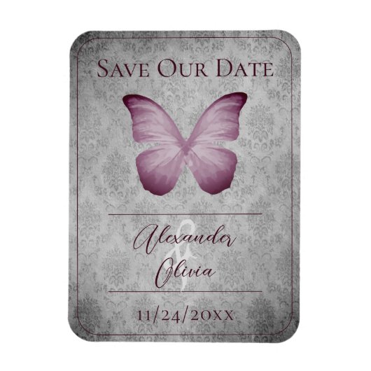 Roze Vlinder Damask Save the Date Magneet (Verticaal)