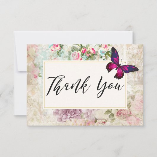 Roze Vlinder en  Roos Collage Dank u Bedankkaart (Voorkant)