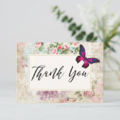 Roze Vlinder en  Roos Collage Dank u Bedankkaart (Staand voorkant)