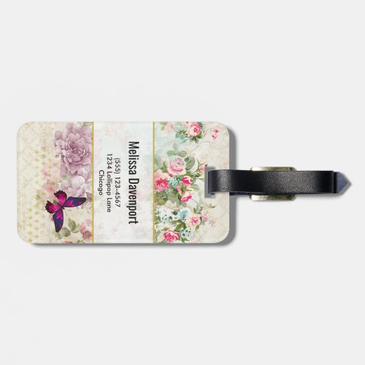 Roze vlinder en Rozen Shabby Bagagelabel (Achterkant horizontaal)